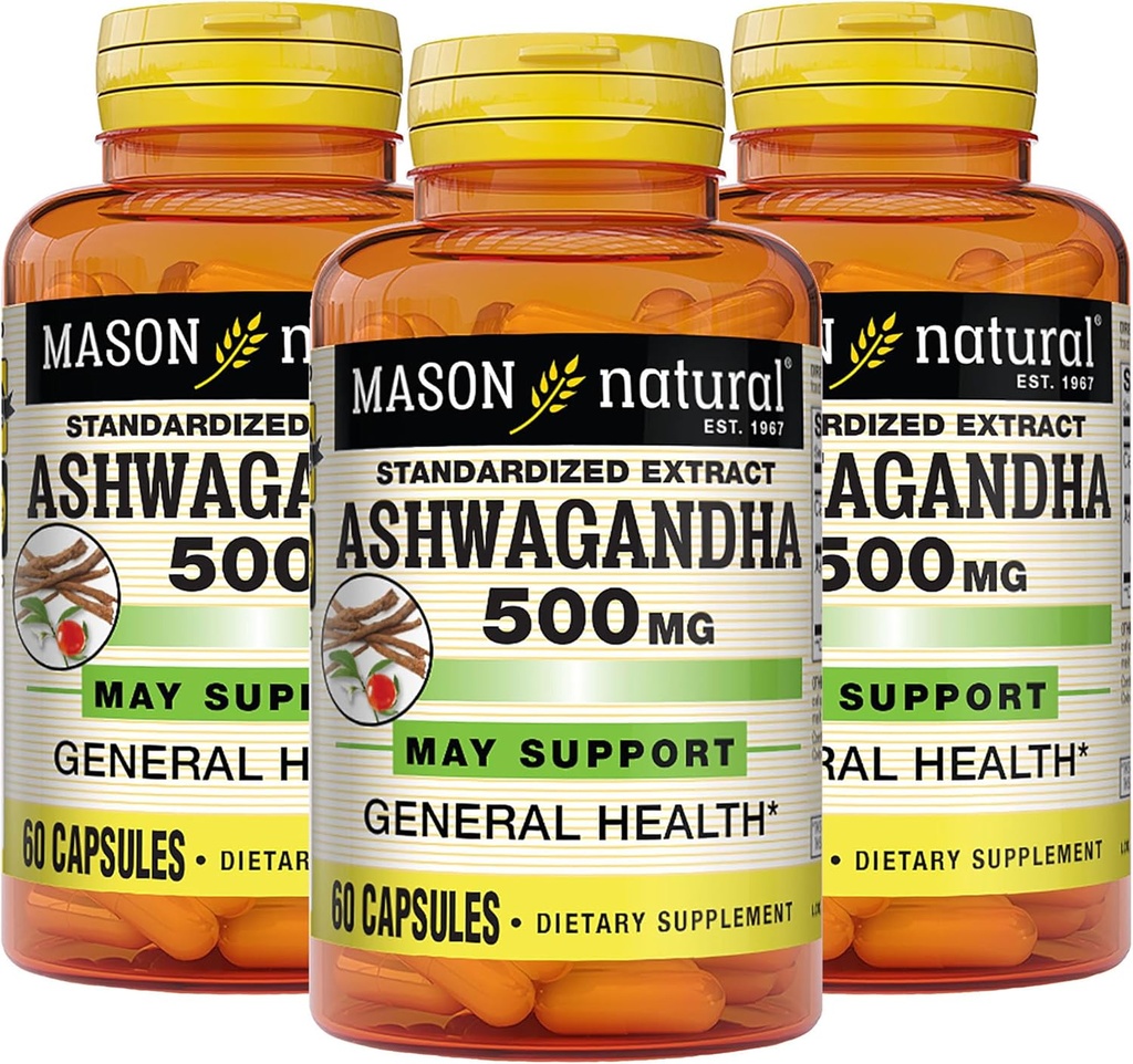 MASON NATURAL Ashwagandha 500 mg, Adaptogen für Stress & Energieunterstützung, Kräuterergänzung, 180 Tage Versorgung