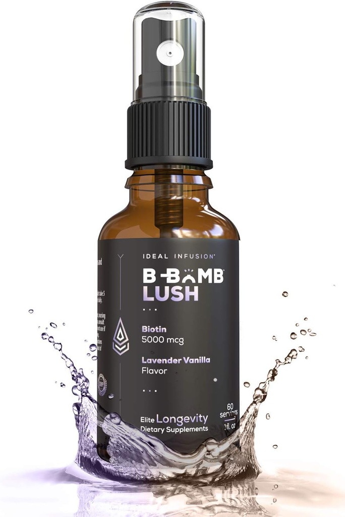 Ideale Infusion B-Bomb Lush Biotin Liquid Spray: Bio Lavender Vanille - 5000mcg, Haarwachstum Vitamin für Dicke und Volumen - Hautgesundheit, stärkere Nägel, Keto, Vegan