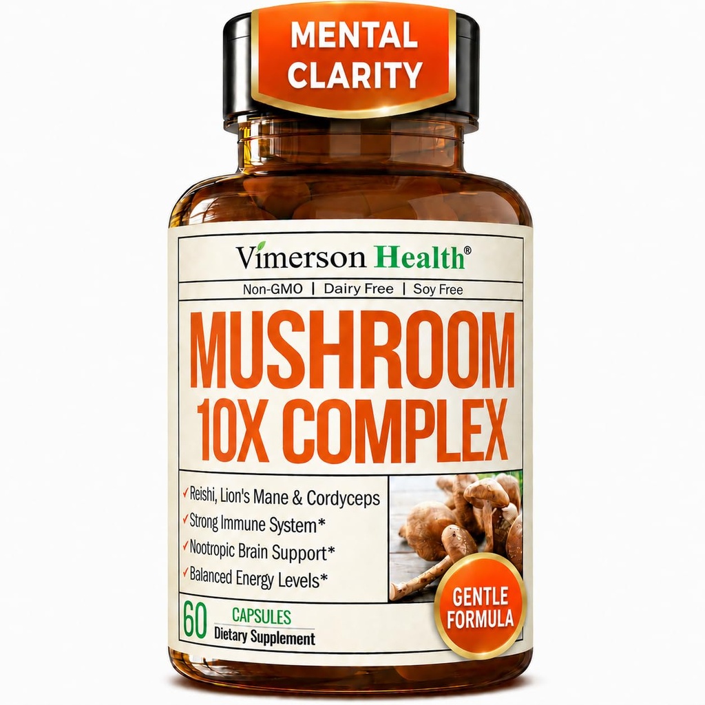 Complexe de Champignons Potent avec Tail de Turquie, Extrait de Mane de Lions, Champignons Shiitake, Reishi, Cordyceps, Maitake, Chaga & More – Supplément de Champignon 10-en-1 pour la clarté mentale, l'énergie naturelle et Focus