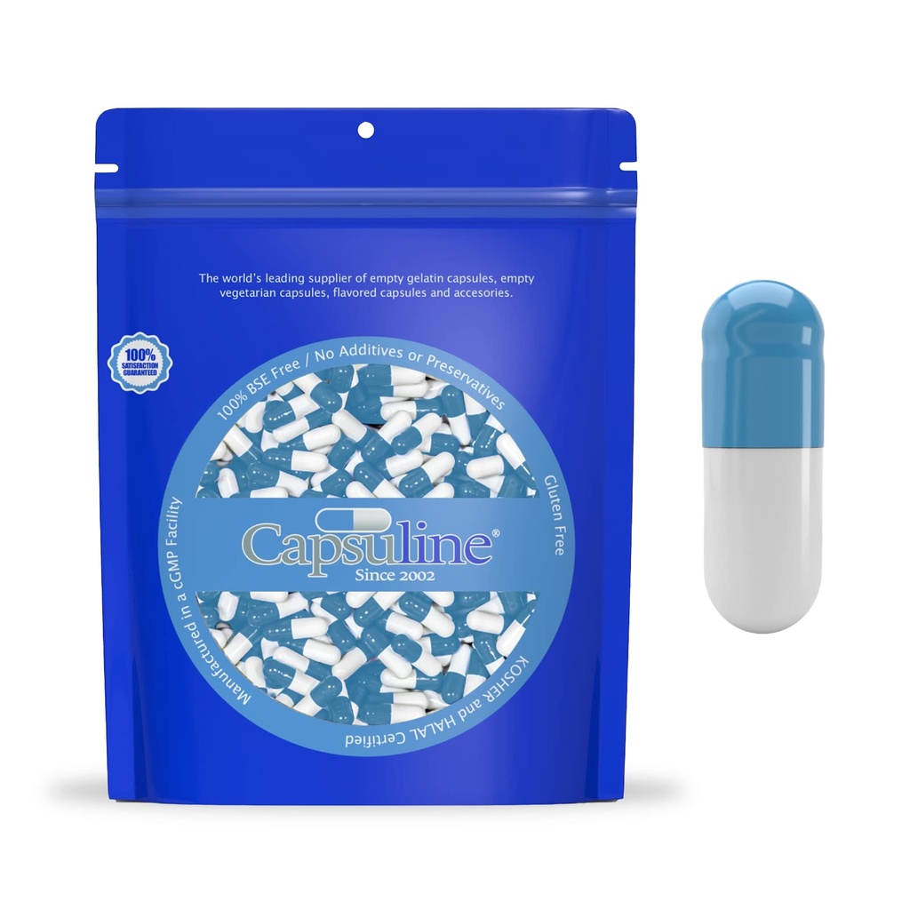 Capsuline Coloré Taille 0 Capsules de gélatine vide Bleu/Blanc 1000 Contient:Kosher & Halal Certifié:
