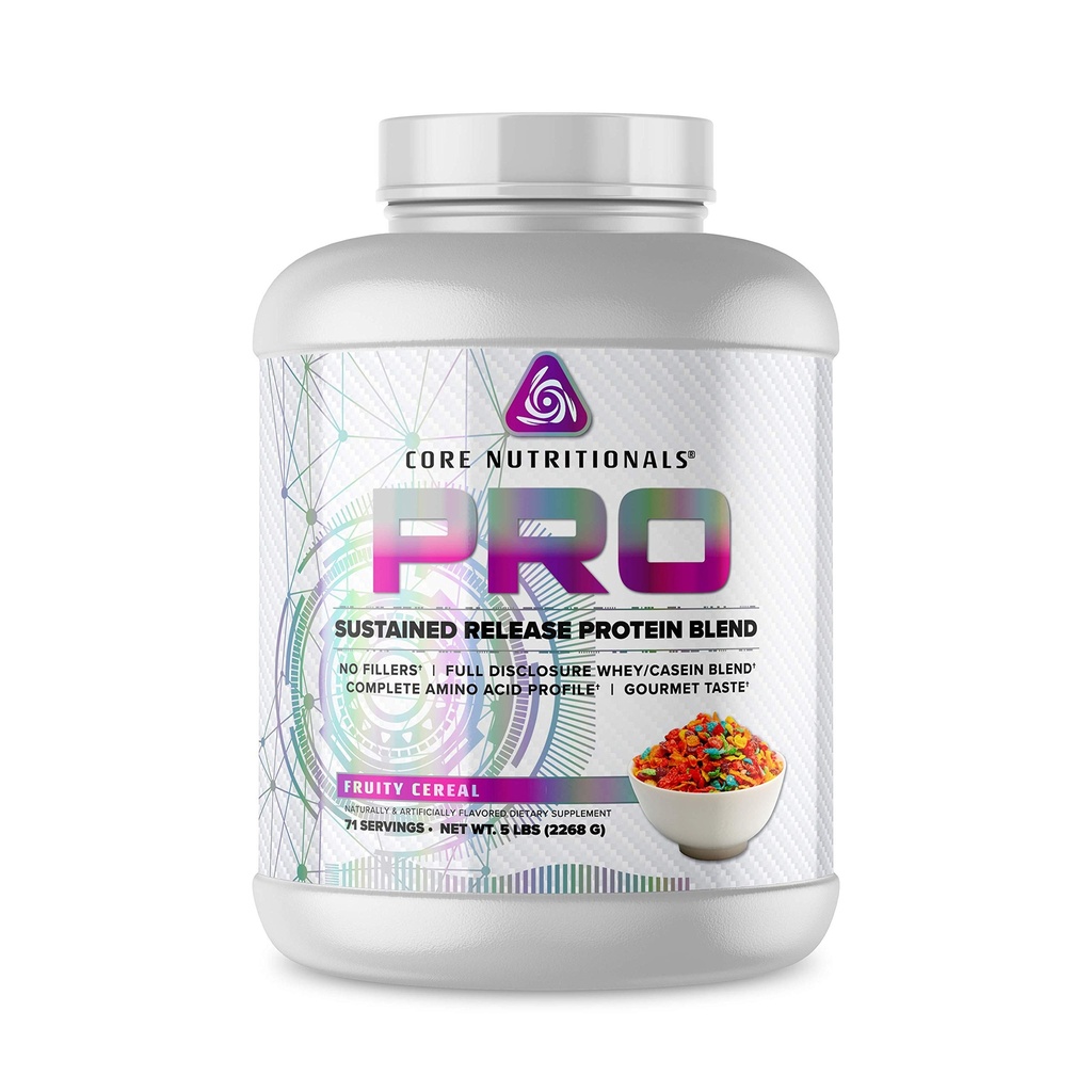 Core Nutritionals Pro Libération prolongée Mélange de protéines de lactosérum avec enzymes digestives $ 25g Protéine, 2g Carbes $ Pas de remplissage $ 5 Livre (Fruite Céréale)