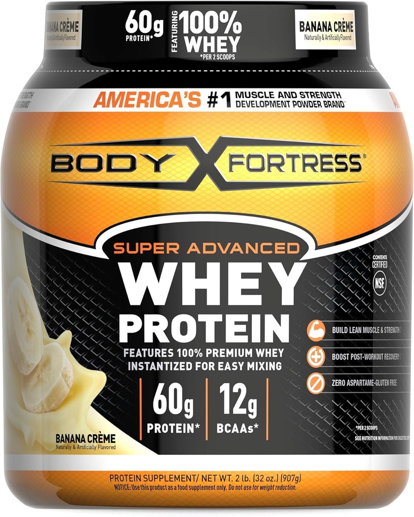 Body Fortress Super Advanced Whey Protein Powder, Banana Creme Flavored, Glutenfrei, 2 Lb