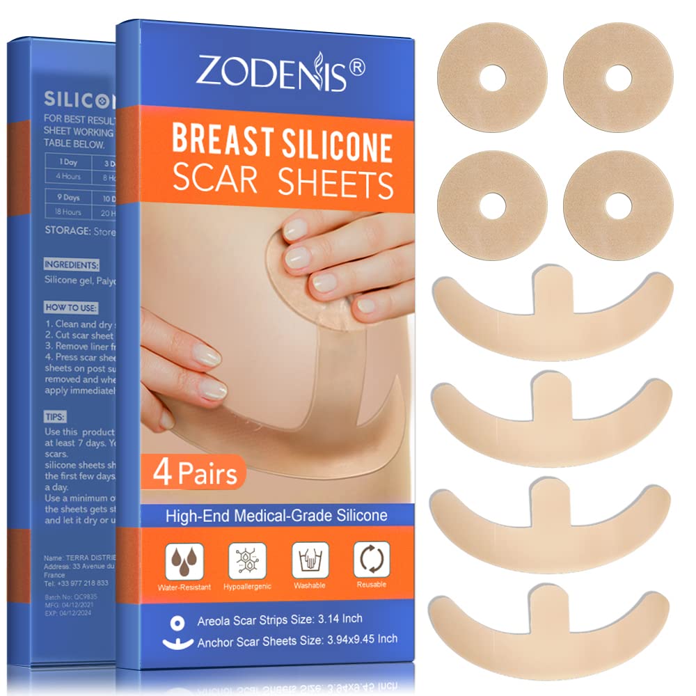 Feuilles de cicatrices en silicone pour sein - 8 paquets, y compris 4 bandes molles Aréola et 4 feuilles d'ancrage