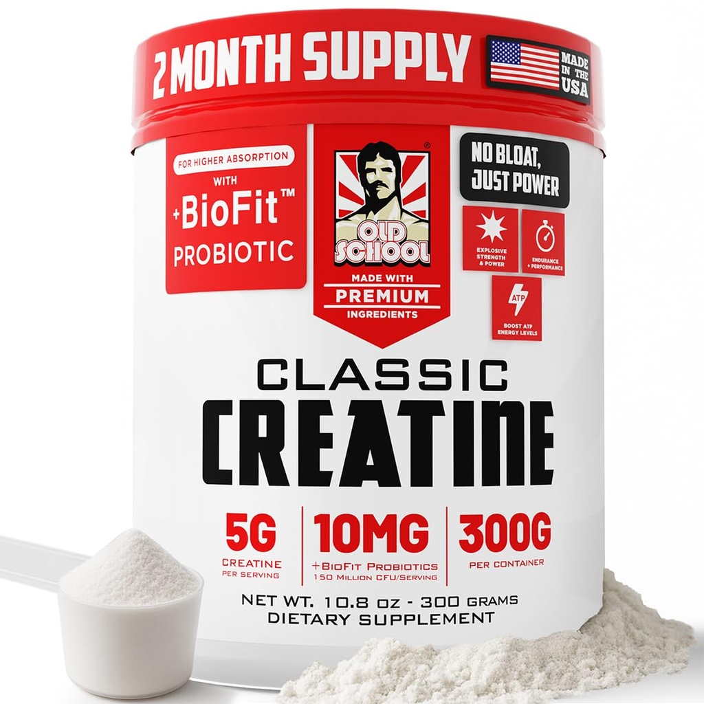 Old School Labs Micronized Creatine Monohydrate mit No Bloat BioFitTM Probiotic - Men & Women Post-Recovery Powder for Strength & Performance - 60 Servis Unflavored