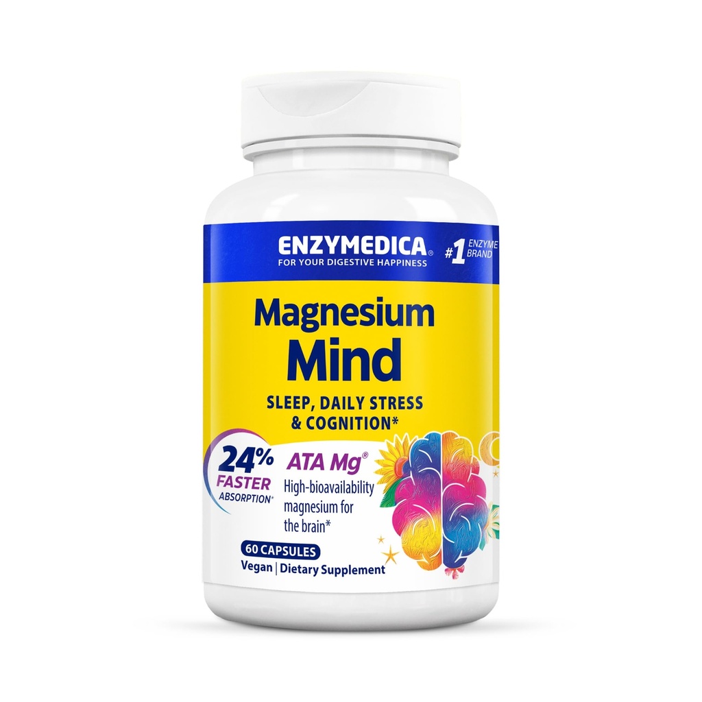 Enzymedica, Magnésium Mind avec ATA Mg, 24% Absorption plus rapide, Magnésium haute biodisponibilité pour le sommeil, le stress et la cognition, 60 Compte