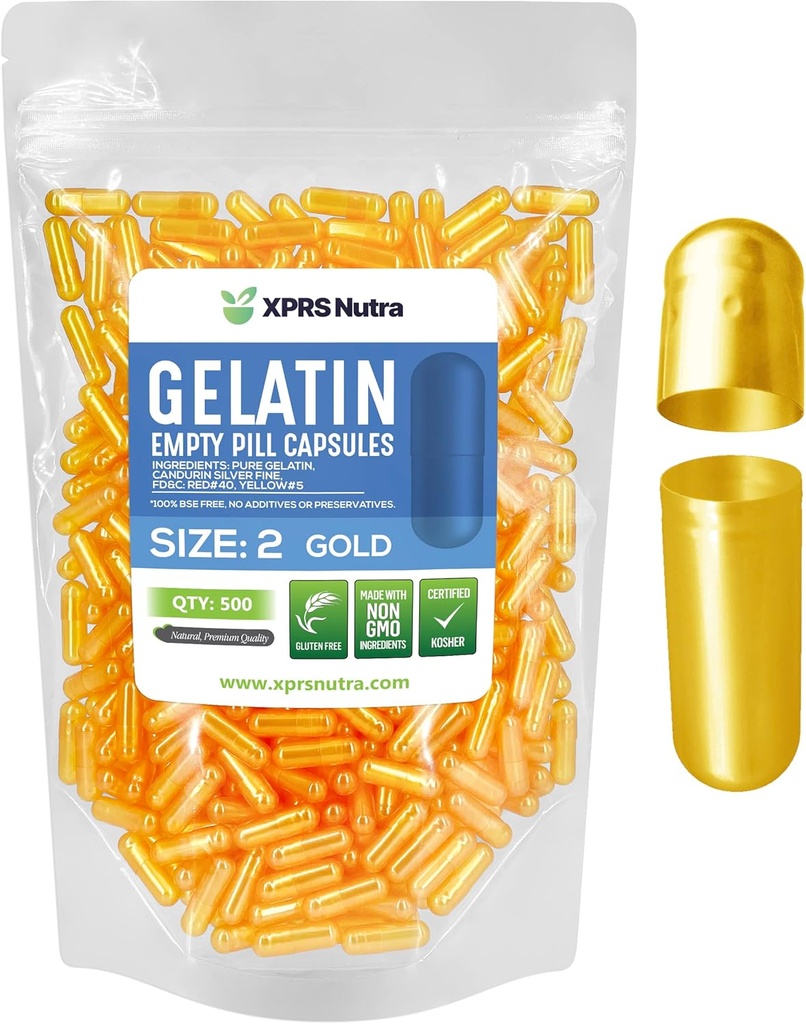 XPRS Nutra Größe 2 Leere Kapseln - 500 Graf Leere Gelatine Kapseln - Pillen DIY Kapsel Füllung - Pure Bovine Pille Gel Kapseln für Do-It-Yourself Ergänzungen (Gold)