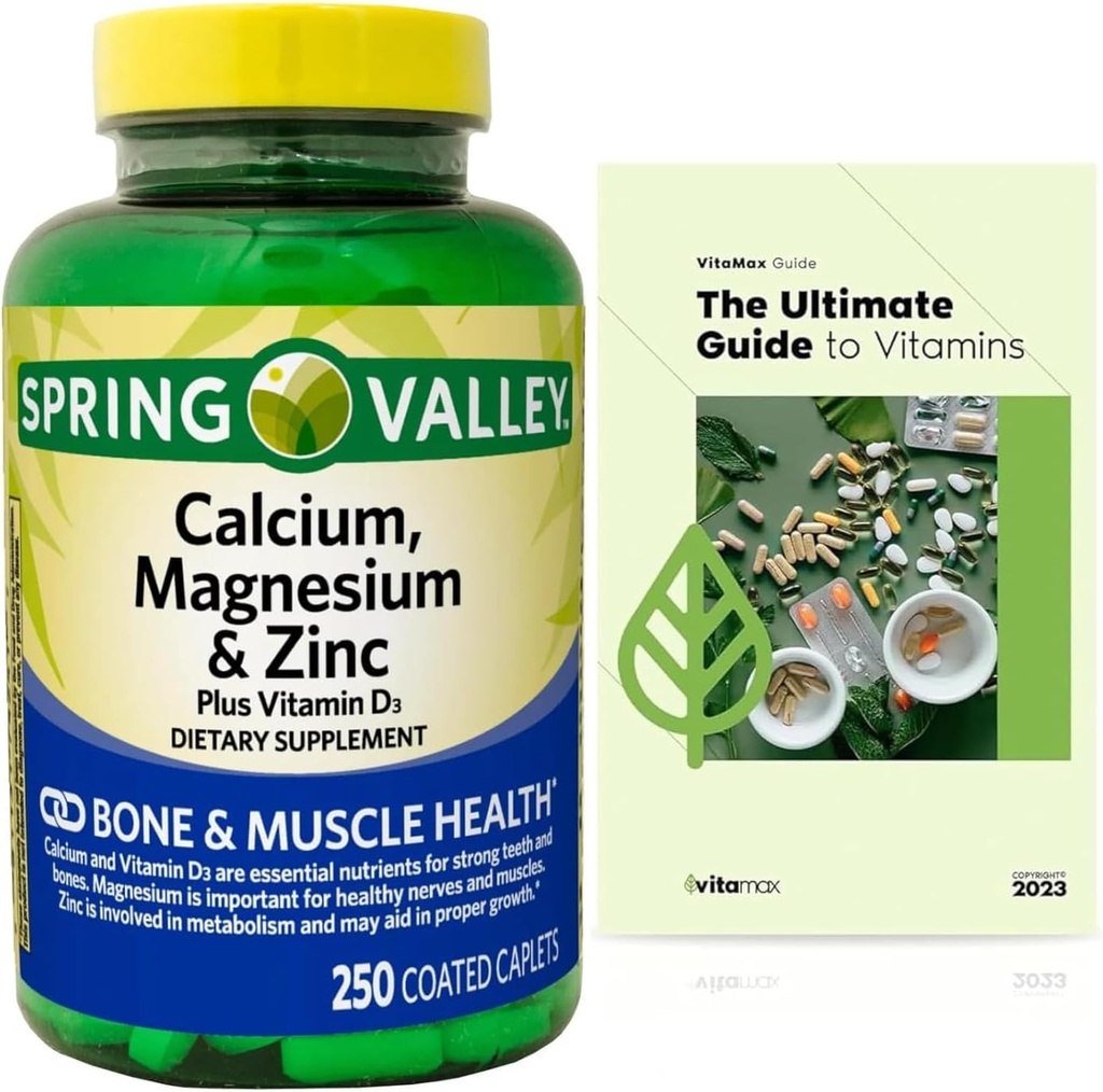 Calcium, Magnesium, Zink & Vitamin D3. Exklusive Vitamin Guide + Spring Valley Calcium, Magnesium & Zink Plus Vitamin D3 Kapsel Nahrungsergänzungsmittel, 250 Zähler
