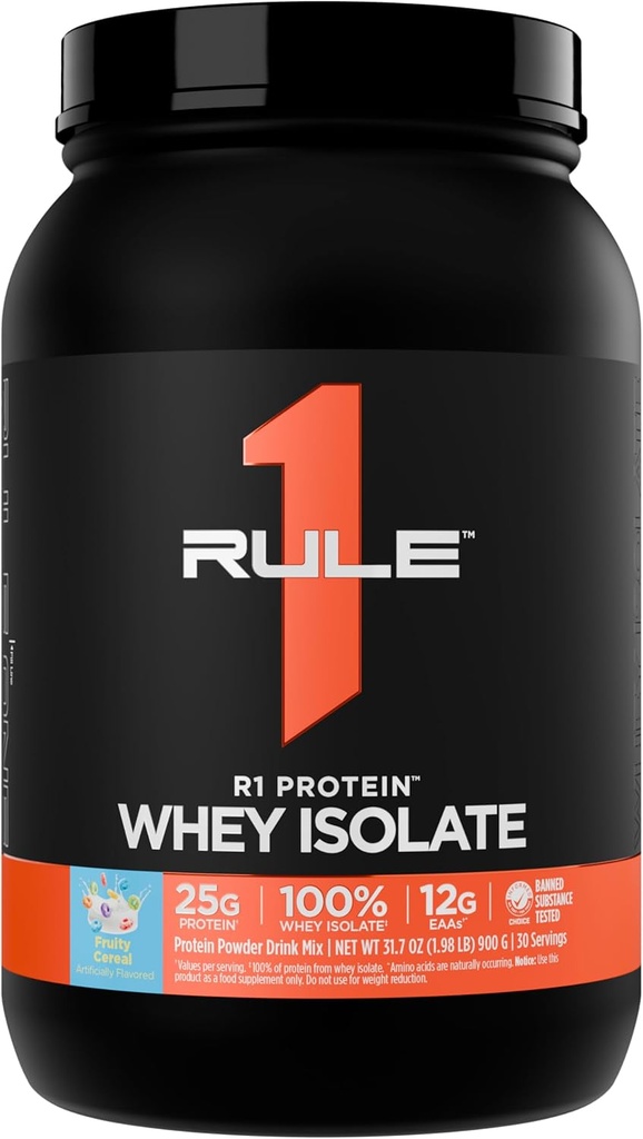 Regel 1 R1 Protein Whey Isolate - mit 25g Protein & 6g BCAA Exklusiv von isolierten & hydrolysierten Quellen für Workout Recovery (2 Pfund*, Fruity Cereal)
