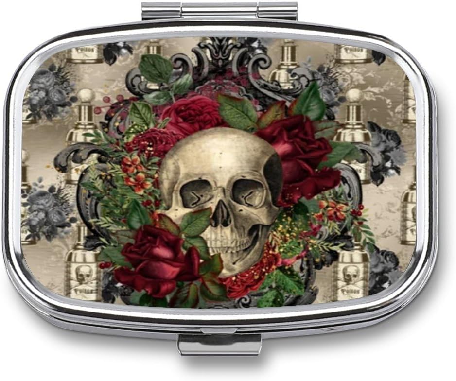 Metall 2 Compartment Pille Organizer Travel Friendly Portable Compact Pill Box Cute Pille Fall Vitamine,Fish Oil, Ergänzungen,Meds,Tablet for Purse,Pocket. (Skull)