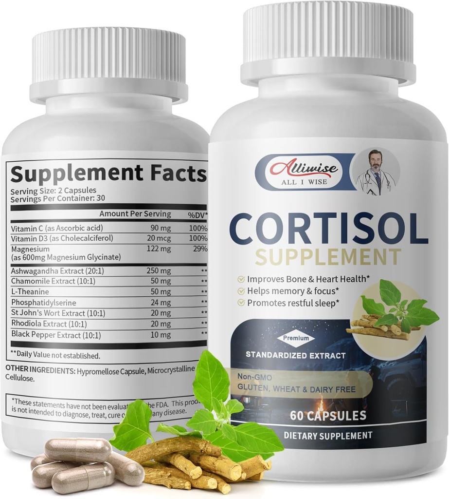 Suppléments de cortisol pour les femmes et les hommes, Réducteur de cortisol élevé, gestionnaire, Detox, Bas et contrôle, avec Magnésium, Ashwagandha, Rhodiola, L-Theanine pour l'humeur,Focus,Sleep