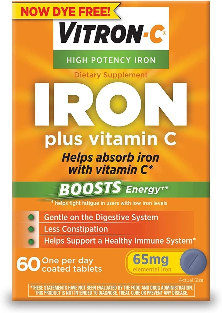 Supplément diététique en fer à haute puissance Vitron-C plus comprimés enrobés de vitamine C, boîte de 5 (60 Nombres chacun)
