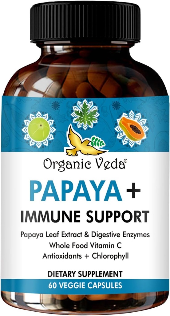 Bio Veda Papaya Leaf Plus Supplement - Blut Platelet Super Extrakt Immunkapseln mit Papaya Verdauungsenzyme, Chlorophyll, Traubensaft Extrakt, Vitamin C - Knochen Marrow & Gut Gesundheit - 60 ct