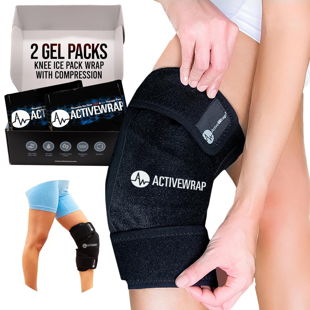 ActiveWrap - Knee Ice Pack Wrap avec compression, 2 gels réutilisables pour la douleur au genou, les jambes et les attelles. Cold Wrap flexible pour le contrôle des blessures et du gonflement et le soutien des articulations - une taille convient le plus