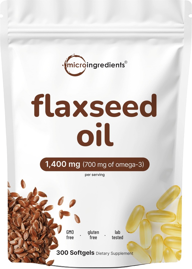 L'huile de lin 1400mg Softgels, 300 comtes, 700mg ALA Omega 3, pressé à froid, riche en acides gras, acide alpha linolénique, soutien santé cardiaque et système immunitaire.
