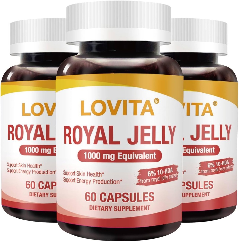 Lovita Royal Jelly 333 mg, 3:1 Concentrate, with 20mg 10-HDA, Natural Source Super Food, Supports Skin Health & Energy Production, 60 Capsules (Pack of 3)