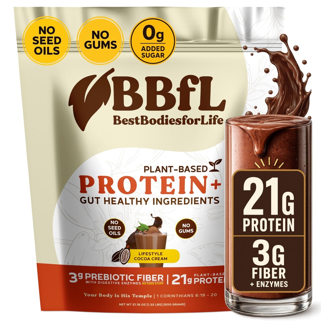 BBfL Pflanzenbasierte Protein Shake – 21g Vegan Protein, Cocoa + Apple Cider Essig, Präbiotika, Verdauungsenzyme, unterstützt Gut Health – All-in-One Shake für Damen und Herren (15 Portionen, Kakaocreme)