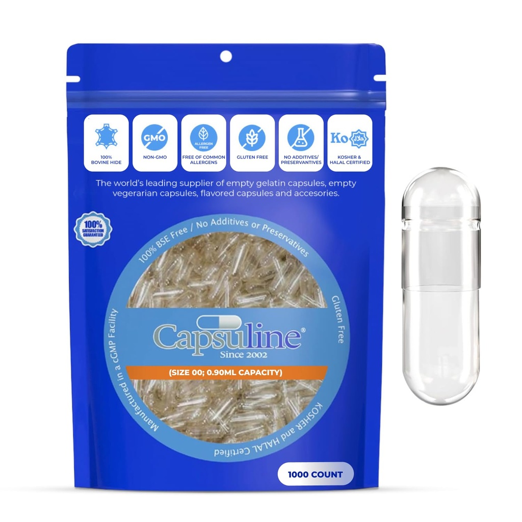 Capsuline Taille 00 Capsules de gélatine vides séparées, claires - 1000 Count.