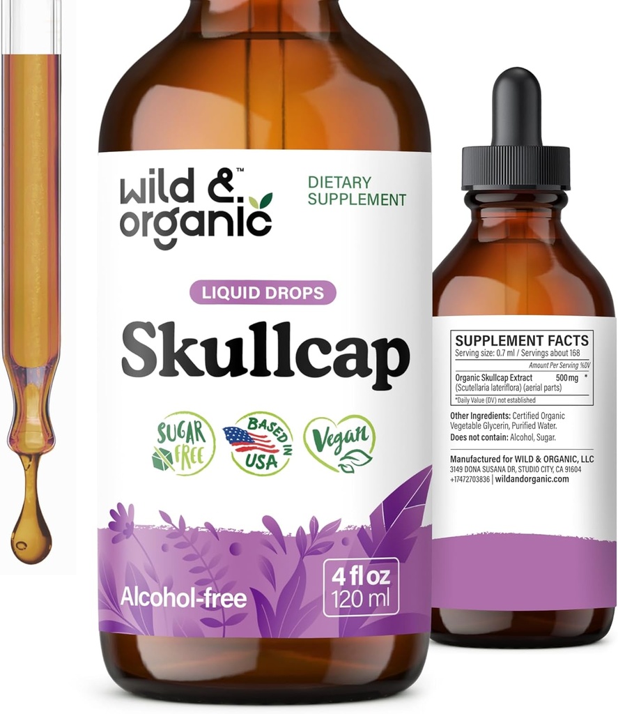 Wild & Organic Skullcap Herb Tincture - Skullcap-Ergänzung für Moodunterstützung - Relaxing Liquid Extract Drops - Vegan, Zucker & Alkoholfrei - 4 fl oz