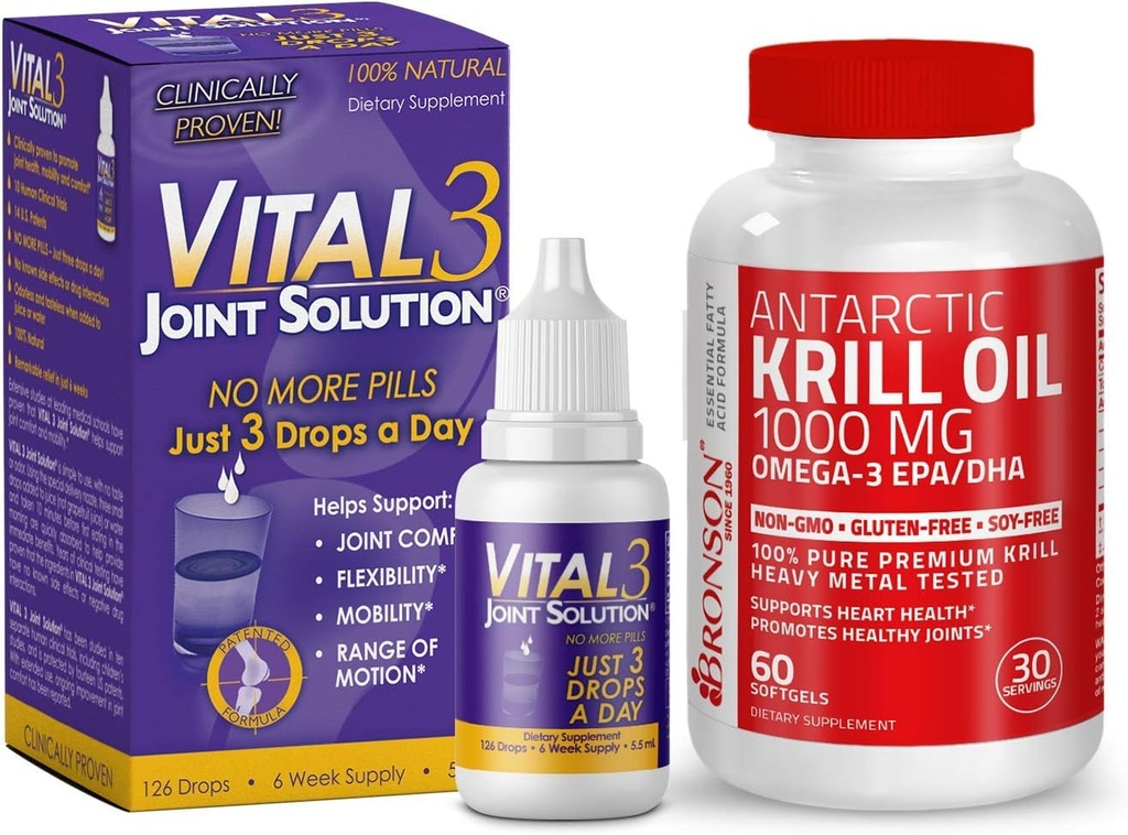 Vital 3 Joint Solution® Clinical Proven Liquid Knee Relief + Bronson Antarctic Krill Oil 1000 mg mit Omega-3s EPA, DHA
