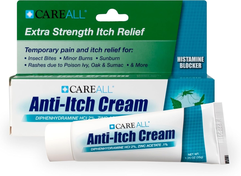 CareAll Anti-Itch Cream 1.25oz Histamin Blocking, Diphenhydramin HCI 2% a Topical Analgesic & Zink-Azetat 0.1% ein Haut-Schutzmittel bieten vorübergehende Schmerzen und Itch Relief von Common Outdoor Itches