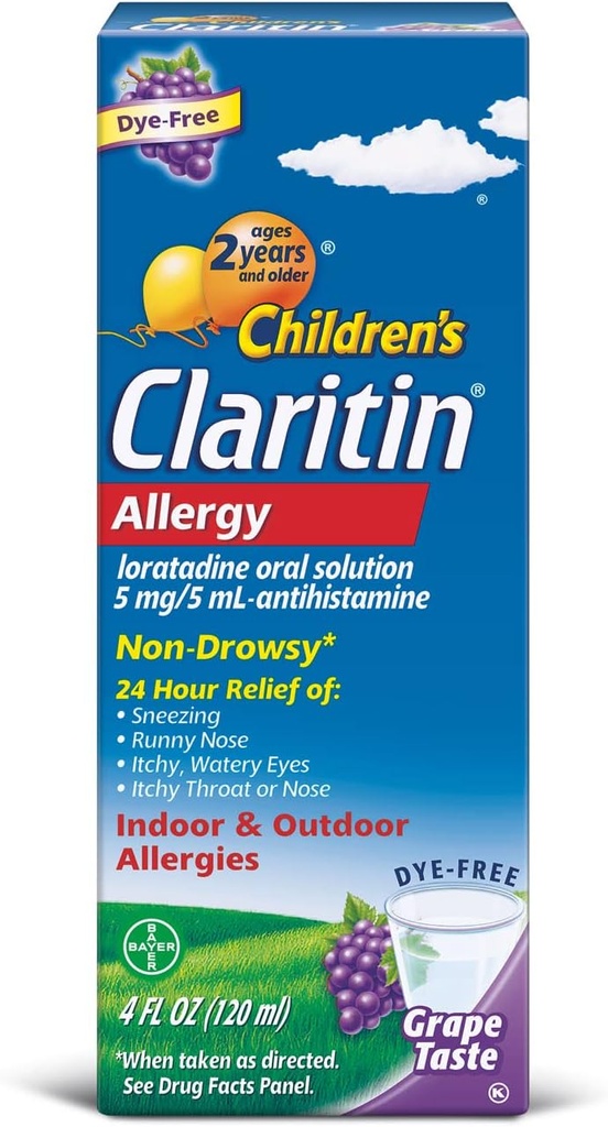 Claritin Solution orale d'allergie non somnolente pour enfants de 2 heures 5 mg/ 5 mL, Raisin 4 Fl Oz
