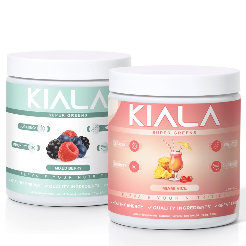 Kiala Nutrition Super Greens, Bio Greens Powder, Spirulina & Chlorella Superfood Powder, Sugar & Gluten Free Vegan, Spectra Blend, Mixed Berry & Miami Vice, 2 Pack