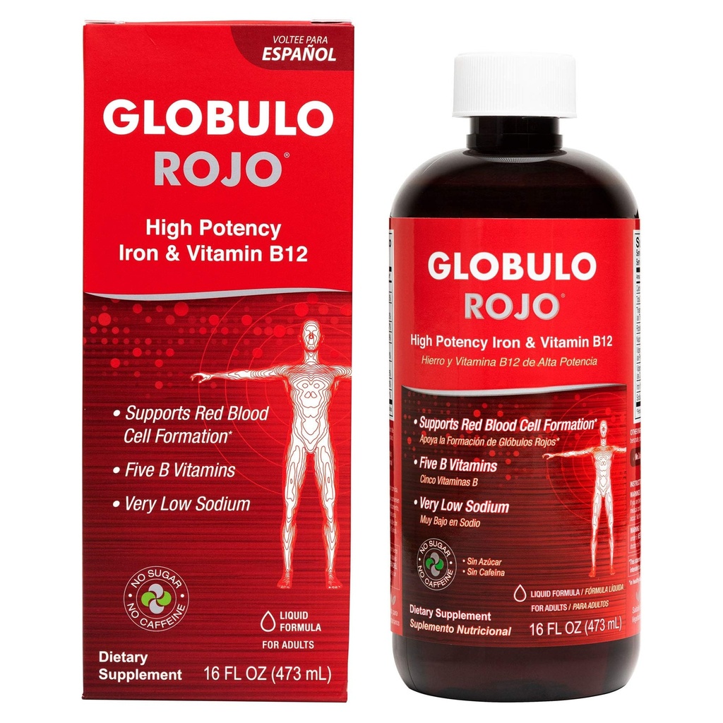 Globulo Rojo Eisenergänzung - Flüssige Nahrungsergänzung mit hochpotenzhaltigen Eisen & B Vitaminen (Vegan) (16 Fl Oz (Pack von 1))