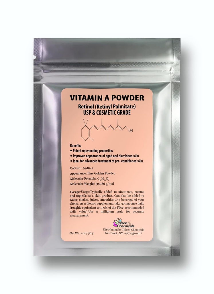 Rétinyl Palmitate de vitamine A en poudre, Rétinol pur en poudre Vitamine Soluble d'eau Vitamine A de qualité USP & Cosmétiques (2 oz. / 56 grammes)