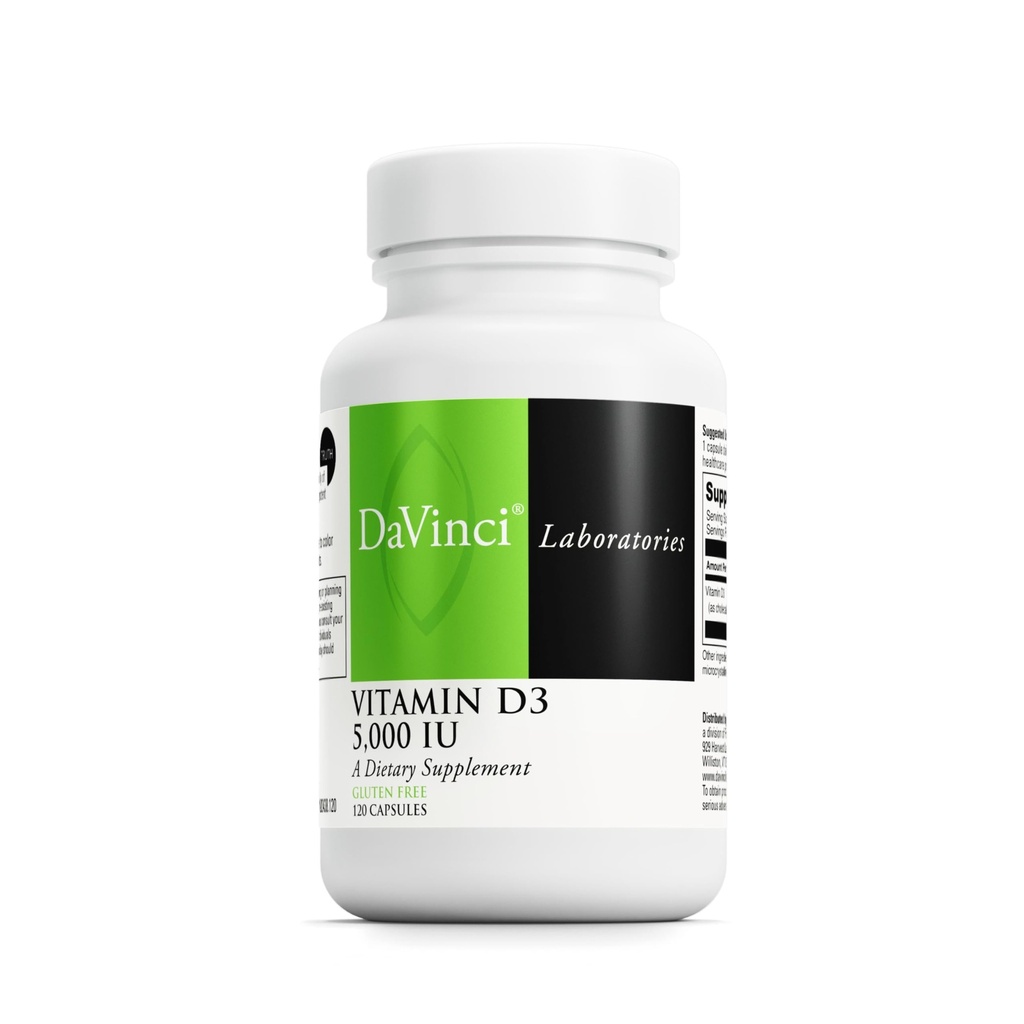 DAVINCI Labs Vitamine D3 5000 UI - Supplément alimentaire pour soutenir la santé des dents et des os, la fonction cardiovasculaire et la santé immunitaire* - avec 5000 UI par portion - Sans gluten - 120 capsules