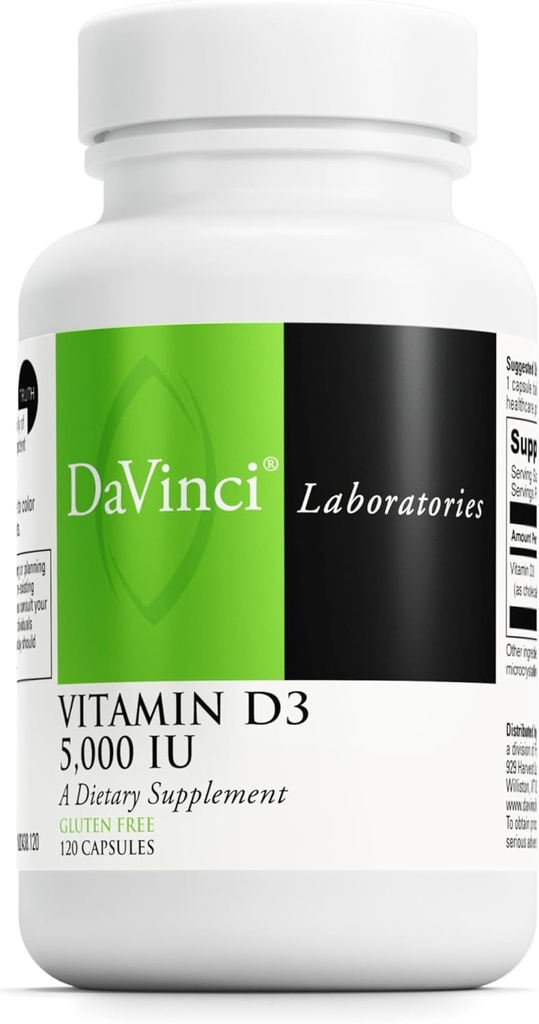 DAVINCI Labs Vitamine D3 5000 UI - Supplément alimentaire pour soutenir la santé des dents et des os, la fonction cardiovasculaire et la santé immunitaire* - avec 5000 UI par portion - Sans gluten - 120 capsules