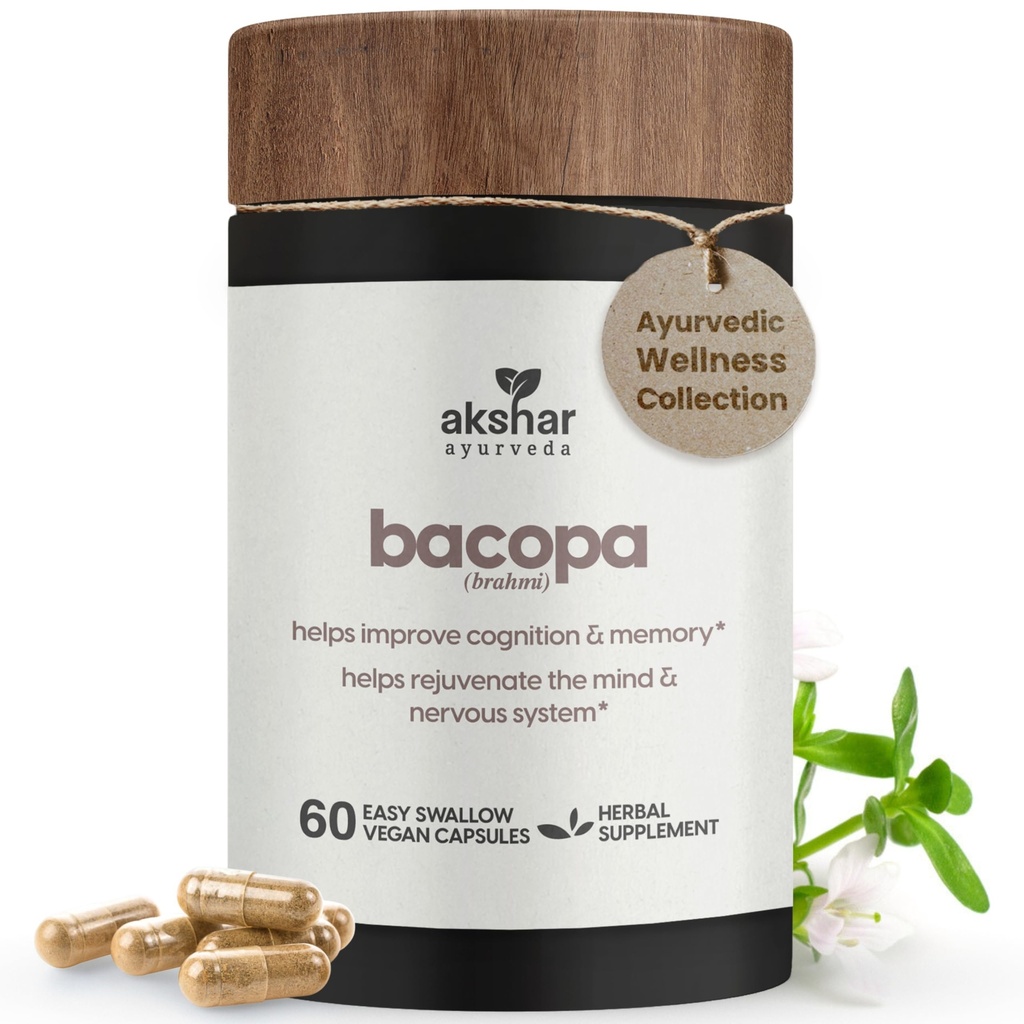 AKSHAR Ayurveda - Bacopa 500mg Brahmi Supplement, Rejuvenate System, Bacopa Pillen zu unterstützen kognitive Funktion für Erwachsene, Vegan Cruelty Free Bacopa Monnieri (60 Count)