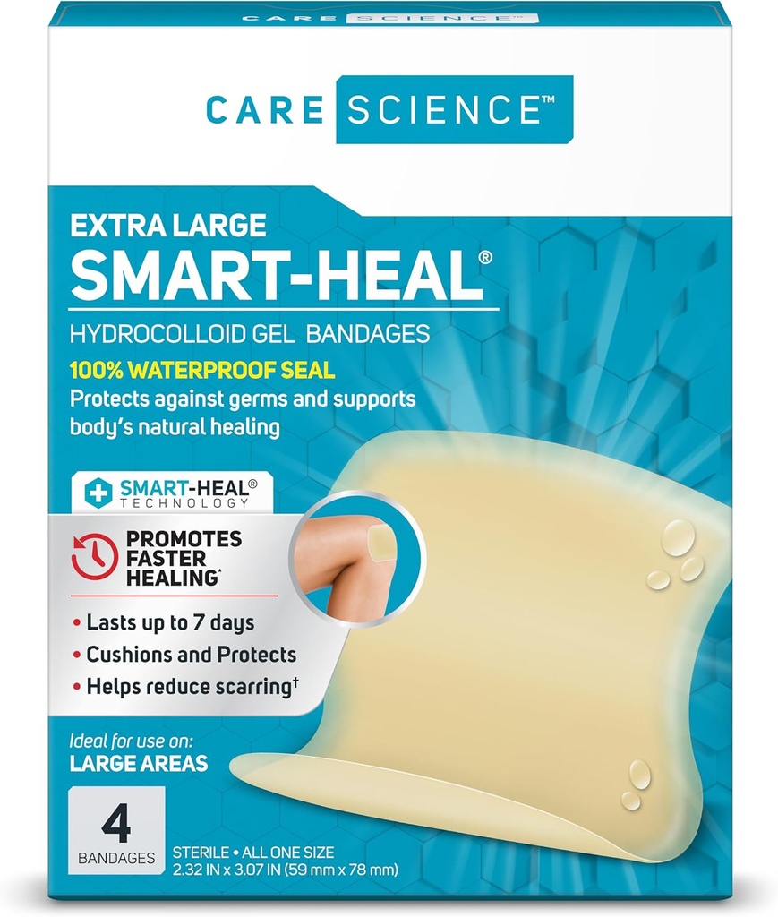 Care Science Smart Heal Hydrocolloid, groß, 2.3 in x 3 in, 4CT | 100% wasserdichtes Siegel fördert Heilung, reduziert Narben