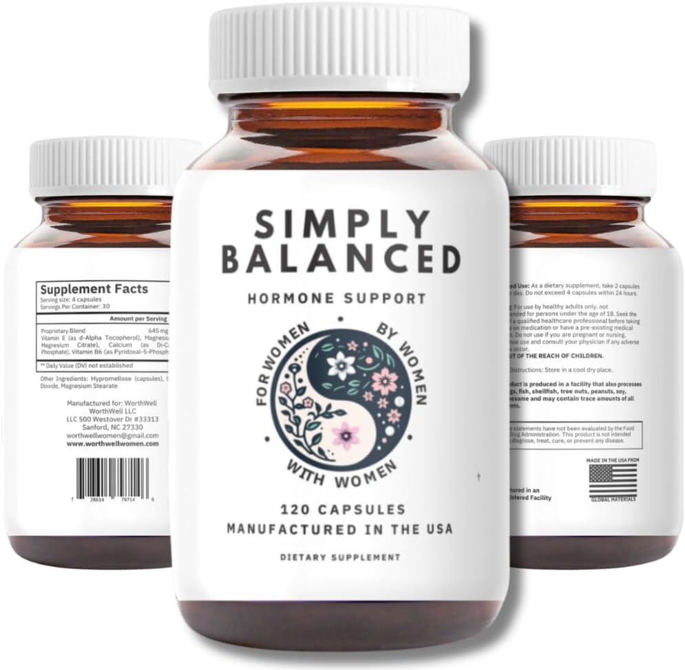 Simplement équilibré – Équilibre hormonal pour les femmes – Restaurer l'harmonie hormonale – Suppléments PMDD pour les femmes – Periménopause – Ménopause – Réducteur Cortisol – PMS – Suppléments PCOS – 120 ct