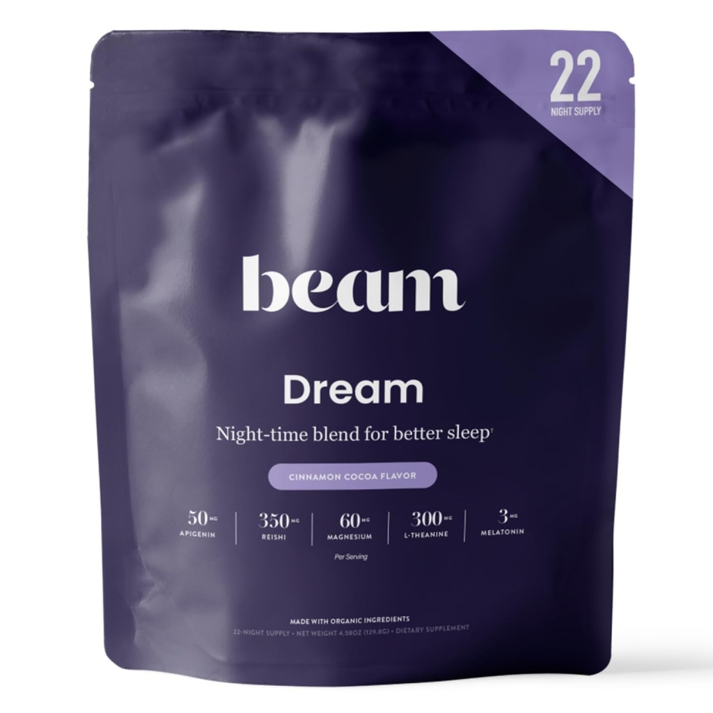 Beam Dream Sleep Powder, L-Theanine, Apigenin, Reishi et Magnésium, troisième partie testé aide et supplément de sommeil naturel pour le sommeil profond, relaxation et récupération, soutien de sommeil naturel, 22 portions