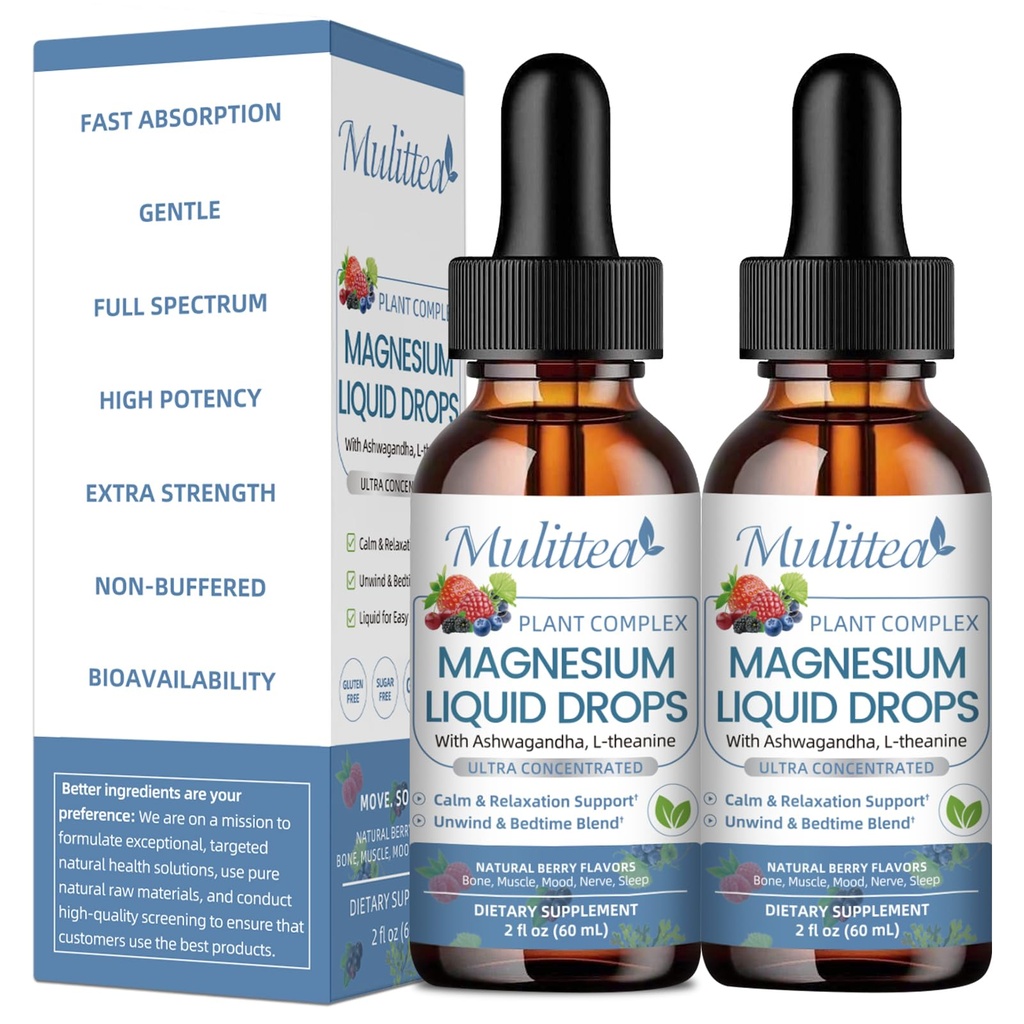 Magnesium Glycinate Flüssigkeitstropfen - Dreifache Absorptionsergänzung zur Unterstützung von Nerven, Nacht, Herz, Muskeln Stoffwechsel * -Zucker-frei mit Kalium, L-Theanin, Sea Moss Vitamin B,C,D3, K2-2