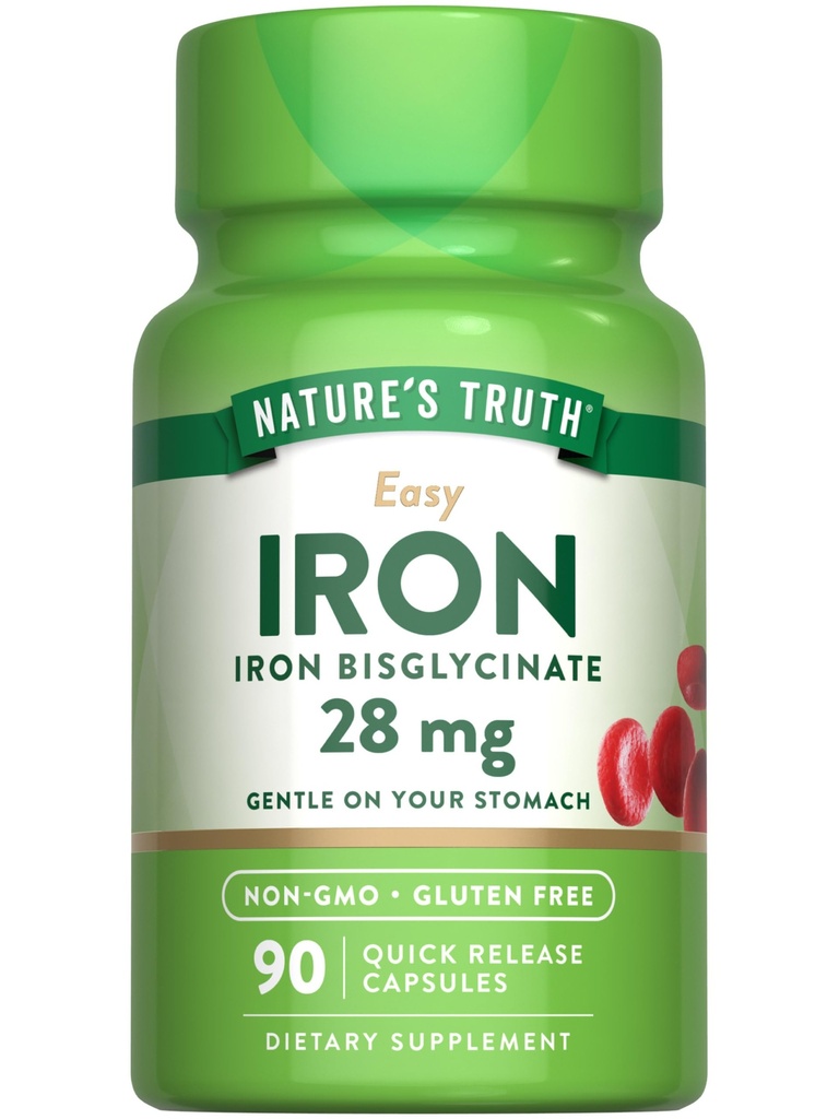 Nature's Truth Iron Supplement für Damen und Herren | 28 mg | 90 Kapseln | Eisen Bisglycinat | Non-GMO, Glutenfrei