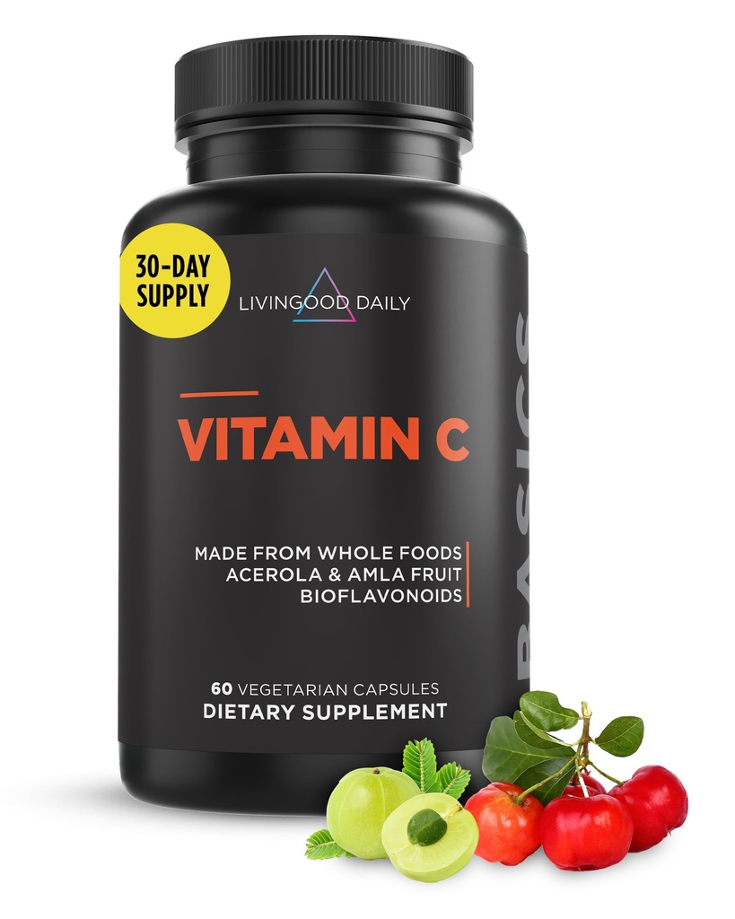 Livingood Daily Vitamin C Supplement, 3-in-1 Ganzes Lebensmittelbasiertes Vitamin C mit Acerola &amp; Amla Fruit Extracts und Citrus Bioflavonoids für Immununterstützung, Vegan, Glutenfrei, Non GMO, 60 Kapseln