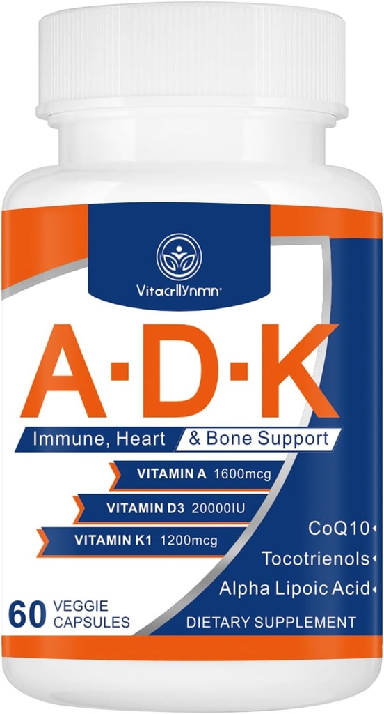 Supplément de vitamine ADK 20000 UI - Vitamines de haute puissance A, D3 et K1 pour le coeur, la santé des os et les immunosupport de vitamine ADK 60 Capsules