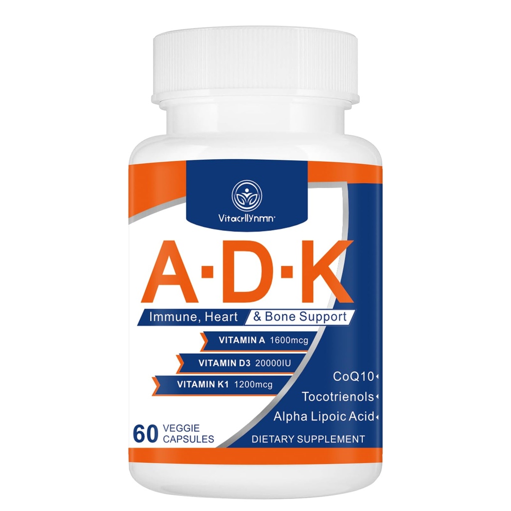 Supplément de vitamine ADK 20000 UI - Vitamines de haute puissance A, D3 et K1 pour le coeur, la santé des os et les immunosupport de vitamine ADK 60 Capsules
