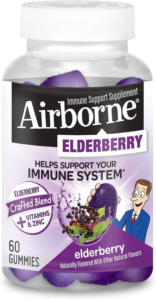 Airborne Elderberry + Zink & Vitamin C Gummis für Erwachsene, Immununterstützung Vitamin D & Zink Gummis mit leistungsstarken Antioxidantien Vitaminen C D & E - 60 Gummis, Elderberry Flavor