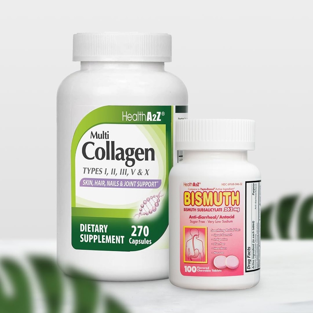 HealthA2Z® Mega Savings Bundle - Bismuth Subsalicylate 262mg (100 Tabletten) & Multi Collagen Pillen, 1735 mg (270 Collagen Capsules)