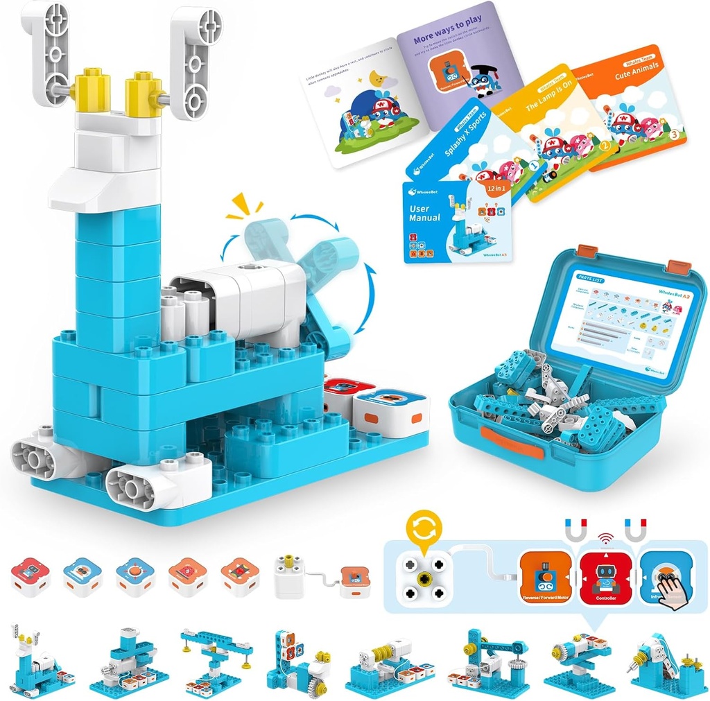 BaleinesBot A3 12-en-1 Blocs STEM Codage Robot Kit pour enfants, ensemble éducatif de 61 pièces avec histoire interactive, cadeau de jouet idéal pour les garçons et les filles 3-6 ans