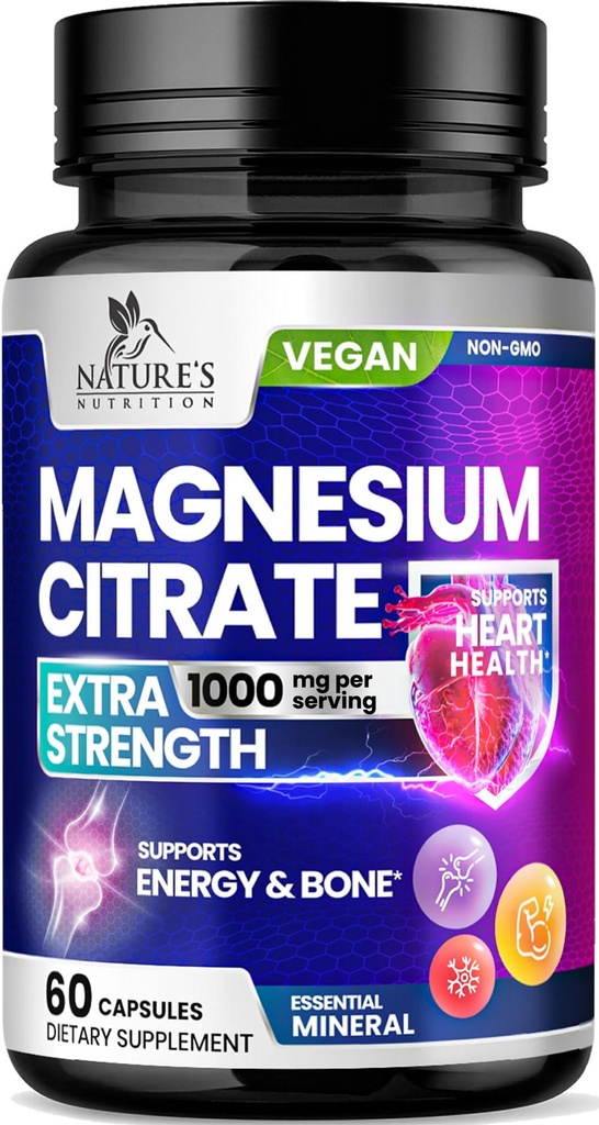 Magnesium Citrat Ergänzung Pillen 1000mg - 3X Stärke Magnesium Ergänzungen für Knochen, Muskel, Herz, Natur Schlaf Unterstützung für Männer & Frauen, Vegan Mag Mineral, Non-GMO, Bottled in USA, 60 Kapseln