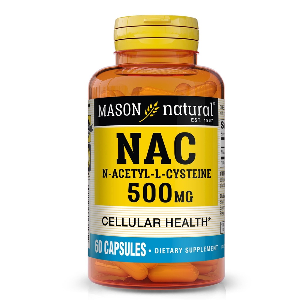 MASON NATURAL NAC N,acétyl,L,Cysteine 500 mg, 2 mois d'approvisionnement, soutient la santé cellulaire normale, Immune System Booster for General Wellness, 60 Capsules