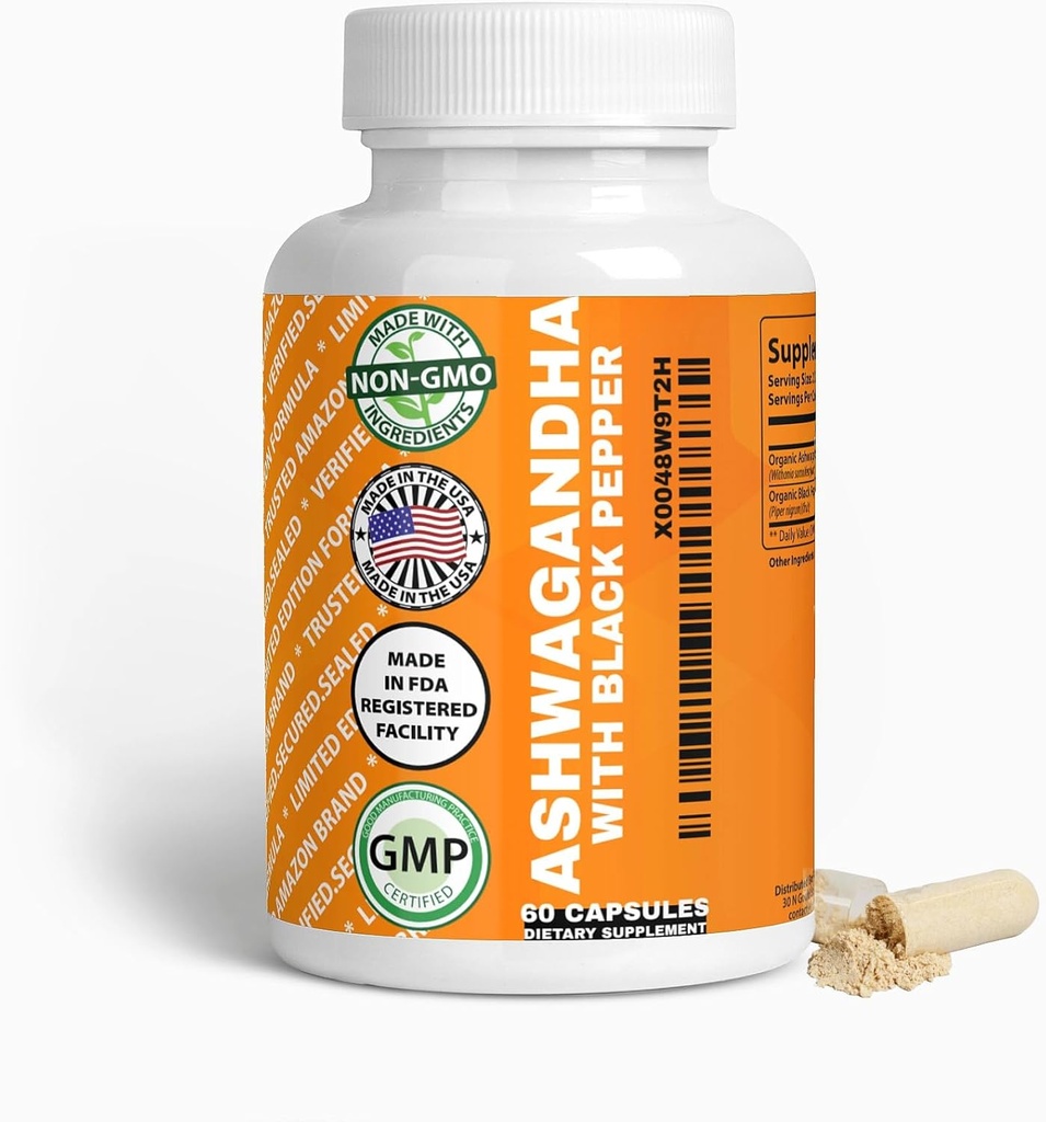 Generic Organic Ashwagandha & Black Pepper Capsules, 1300mg & 10mg, 60 Count, Boost Immunity & Mood Naturally