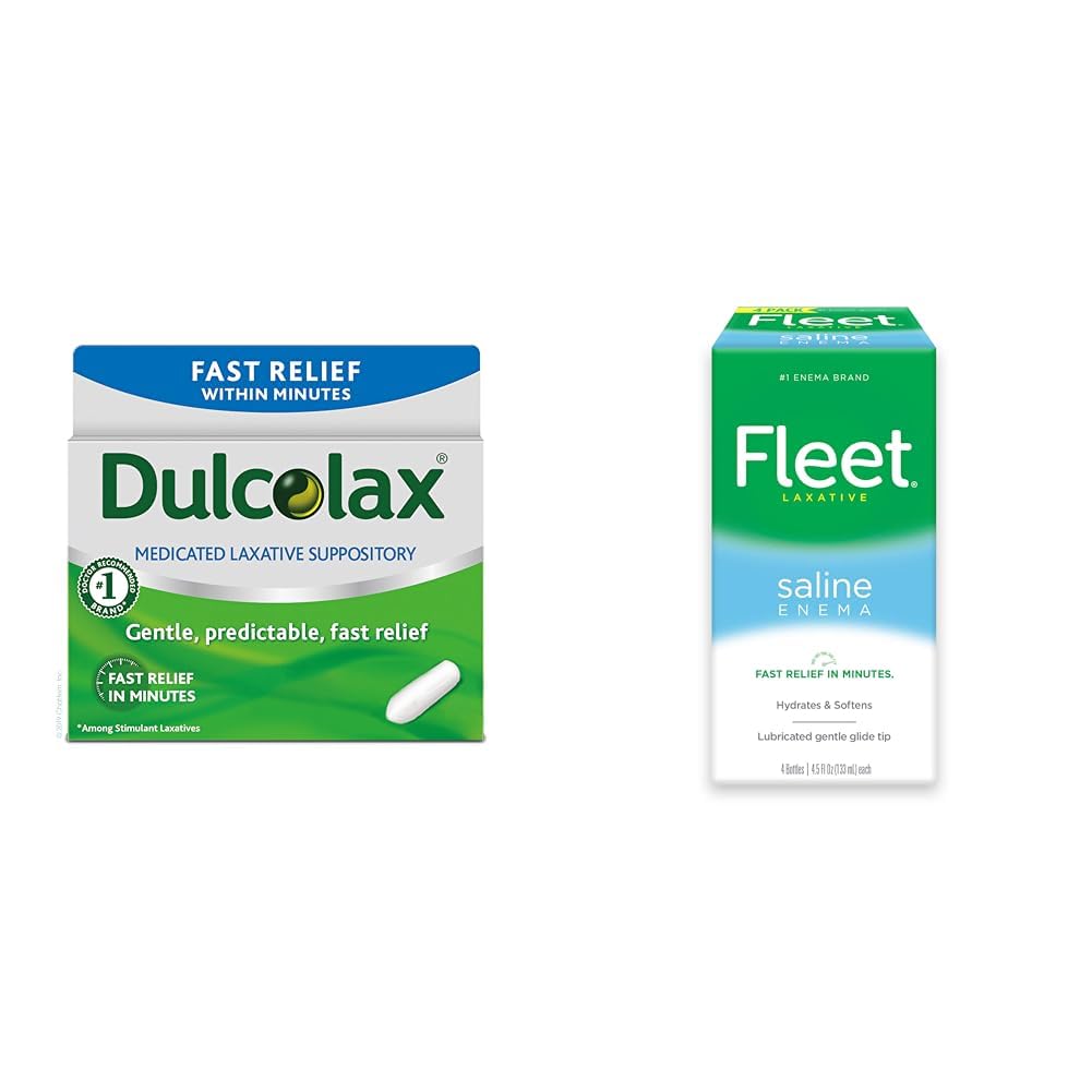 Dulcolax Fast Relief Medicated Laxative Suppositories Fast Relief, Rectal Use Only, Bisacodyl, 10 mg & Fleet Laxative Saline Enema für Erwachsene Verstopfung, 4,5 fl oz, 4 Flaschen