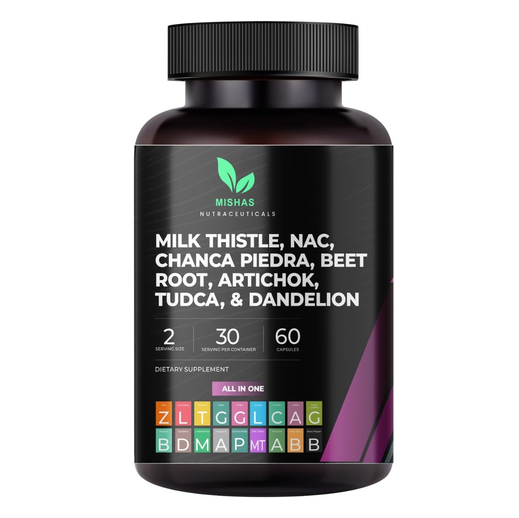 Mishas Nutraceuticals Lait Thistle Dandelion Racine, NAC et TUDCA Supplément – Soutient la santé du foie, le nettoyage du foie de la détox, du rein et du système respiratoire de santé et de digestion – 60 capsules véganes