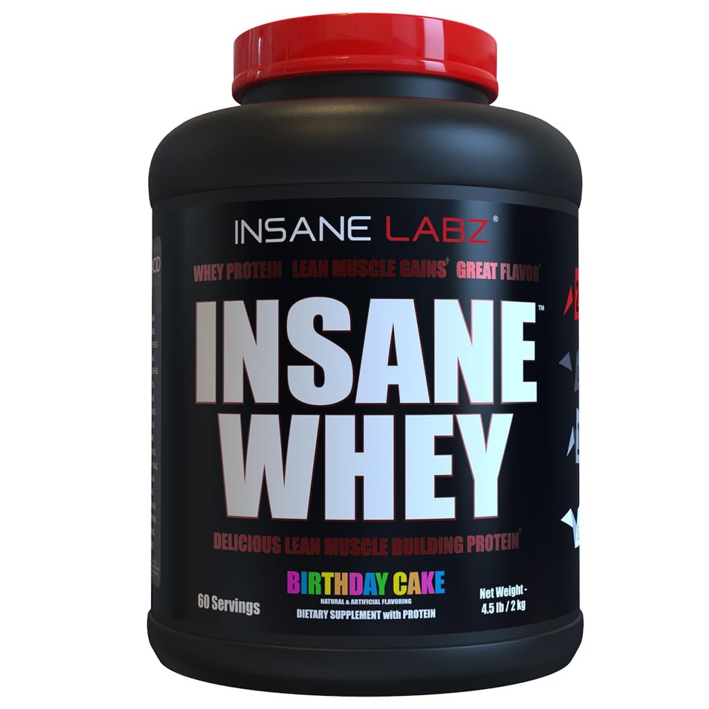 Insane Labz Insane Whey,100% Muskelaufbau Whey Protein, Post Workout, BCAA Amino Profil, Masse Gainer, Meal Replacement, 5lbs, 60 Srvgs, (Birthday Cake)