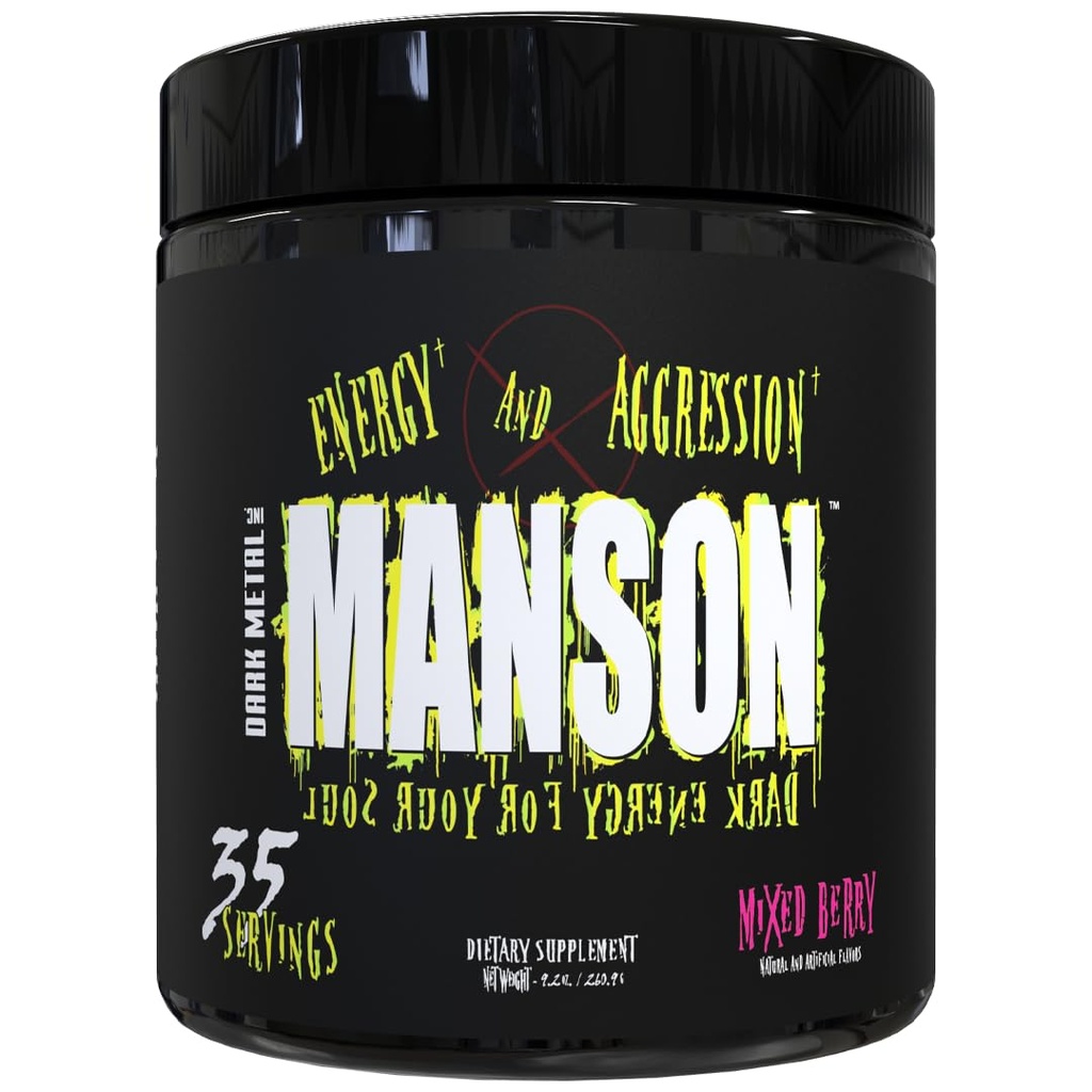 DARK METAL Inc Manson Poudre pré-entraînement haute Stim, énergie concentrée, chargé avec Beta Alanine L Carnitine caféine Infinergy, 35 Srvgs, Berry mixte