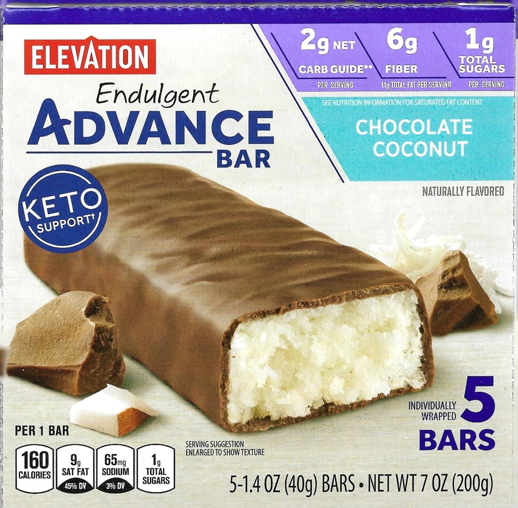 Millville Elevation Advance Chocolate Coconut Bars, Carb Conscious, 5g Protein, mit Rezepten. Eine Box von 5, 1.4oz Individuell Wrapped Bars. Bundle Inklusive 2 Rezepte, 5 Bars.